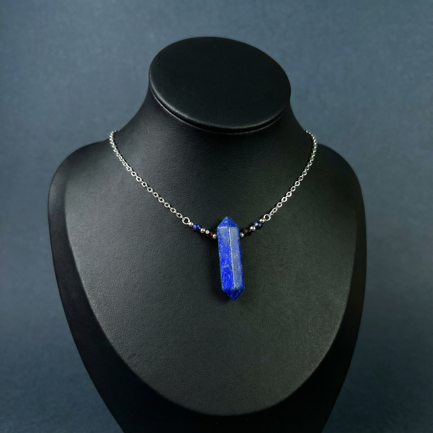 Lapis lazuli, garnet necklace with faceted beads Baguette Magick