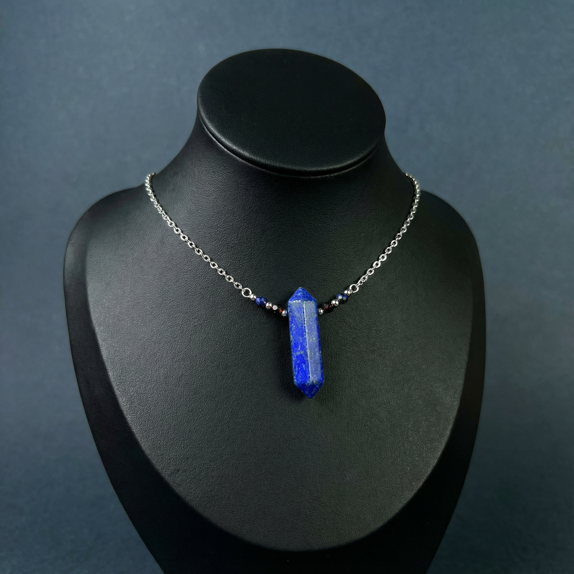 Lapis lazuli, garnet necklace with faceted beads Baguette Magick