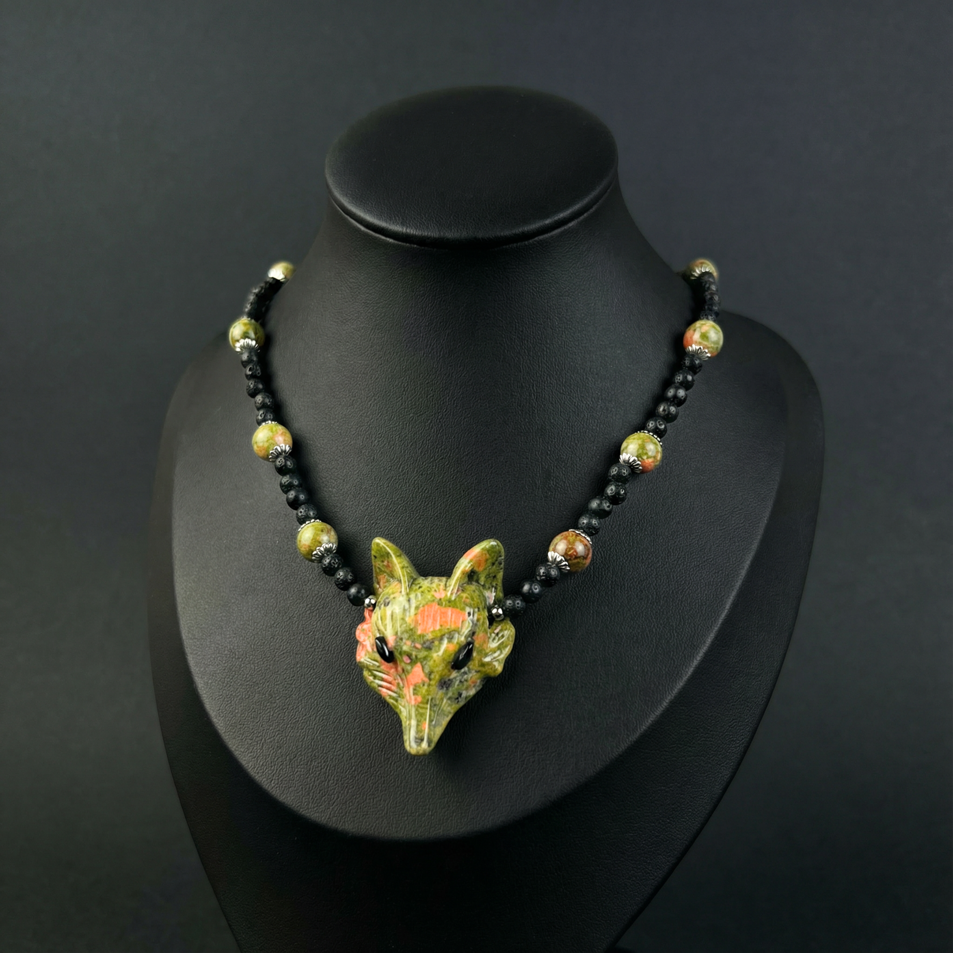 Unakite fox, lava rock forest witch necklace Baguette Magick