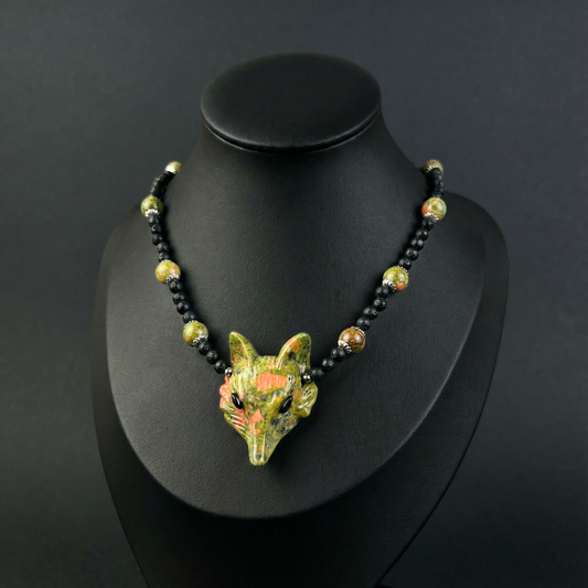 Unakite fox, lava rock forest witch necklace Baguette Magick