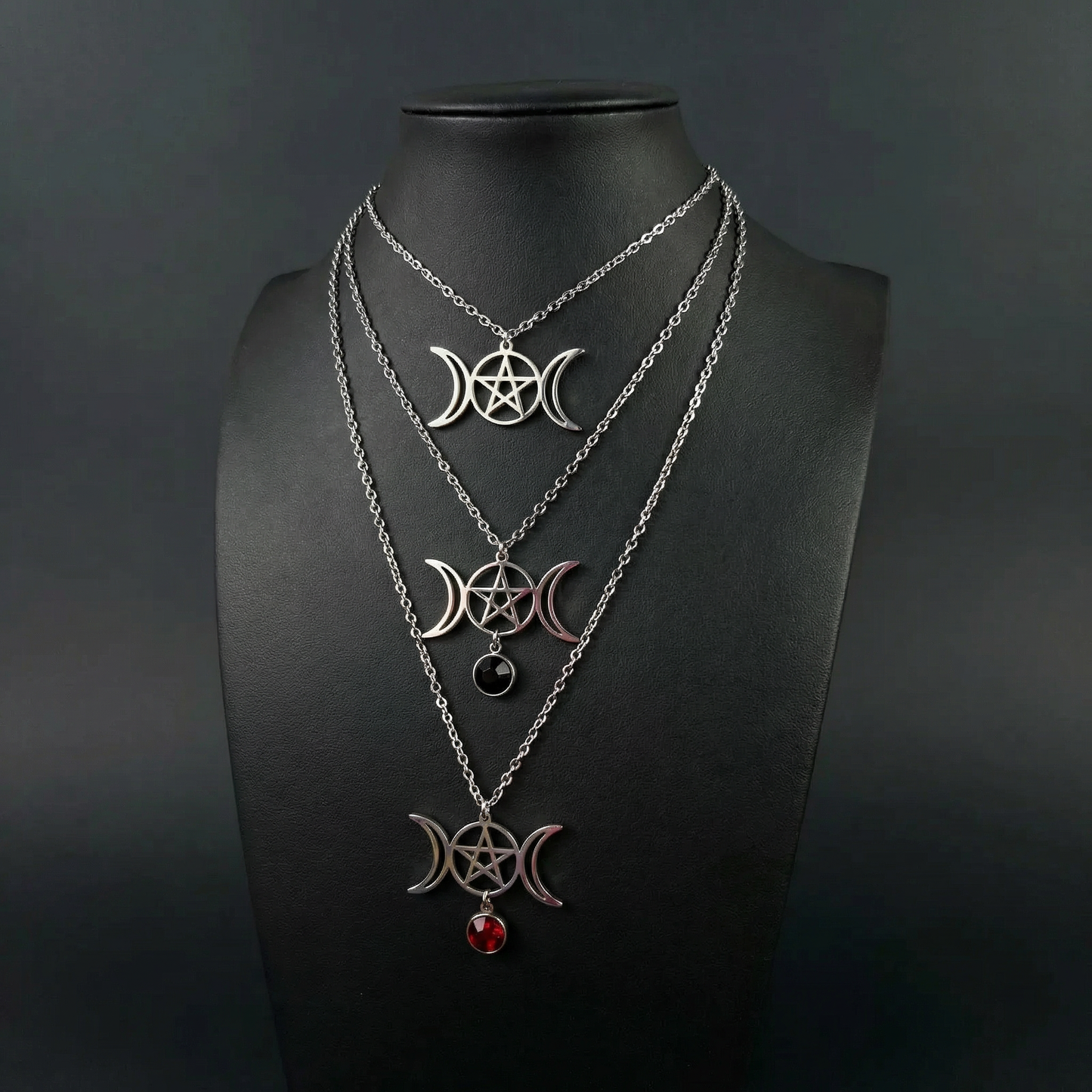 Triple moon and pentacle necklace wiccan jewelry Baguette Magick