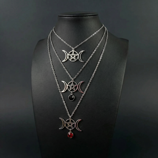 Triple moon and pentacle necklace wiccan jewelry Baguette Magick
