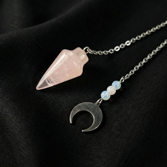 Rose quartz and opalite dowsing pendulum, pocket size, horn charm