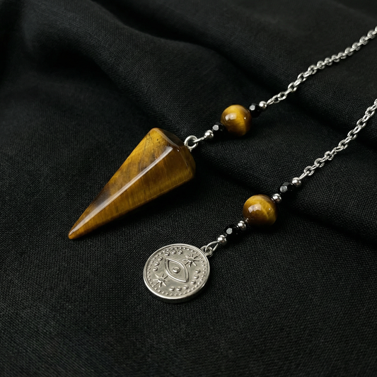 Tiger eye and onyx dowsing pendulum with a third eye charm Baguette Magick