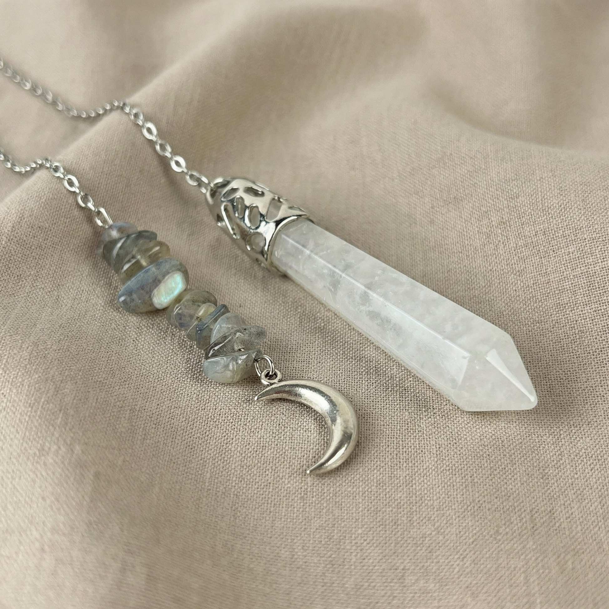 Clear quartz and labradorite Moon crescent dowsing pendulum Baguette Magick