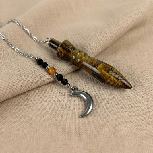 Pendule égyptien Thot gravé, œil de tigre, onyx, breloque croissant de lune