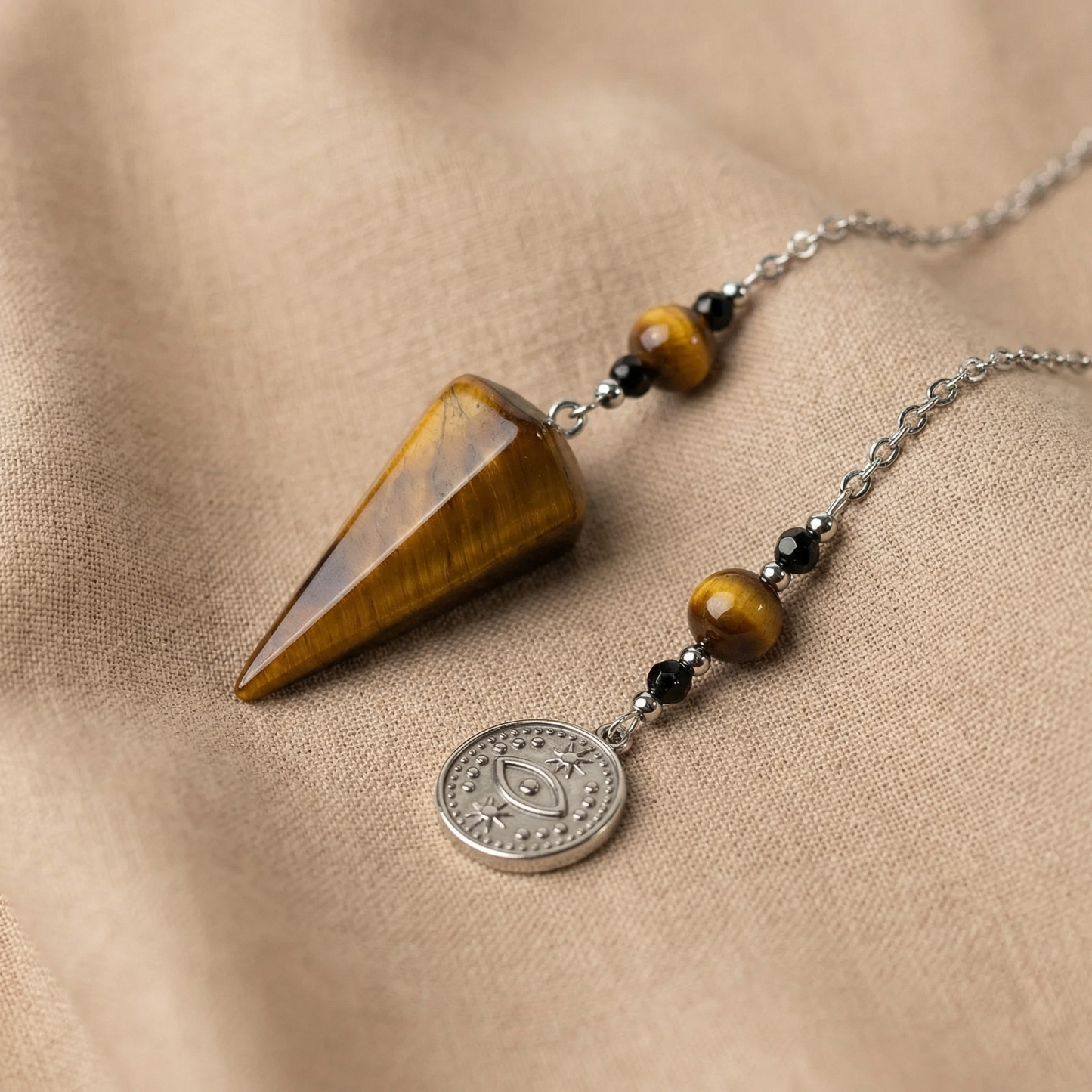 Tiger eye and onyx dowsing pendulum with a third eye charm Baguette Magick