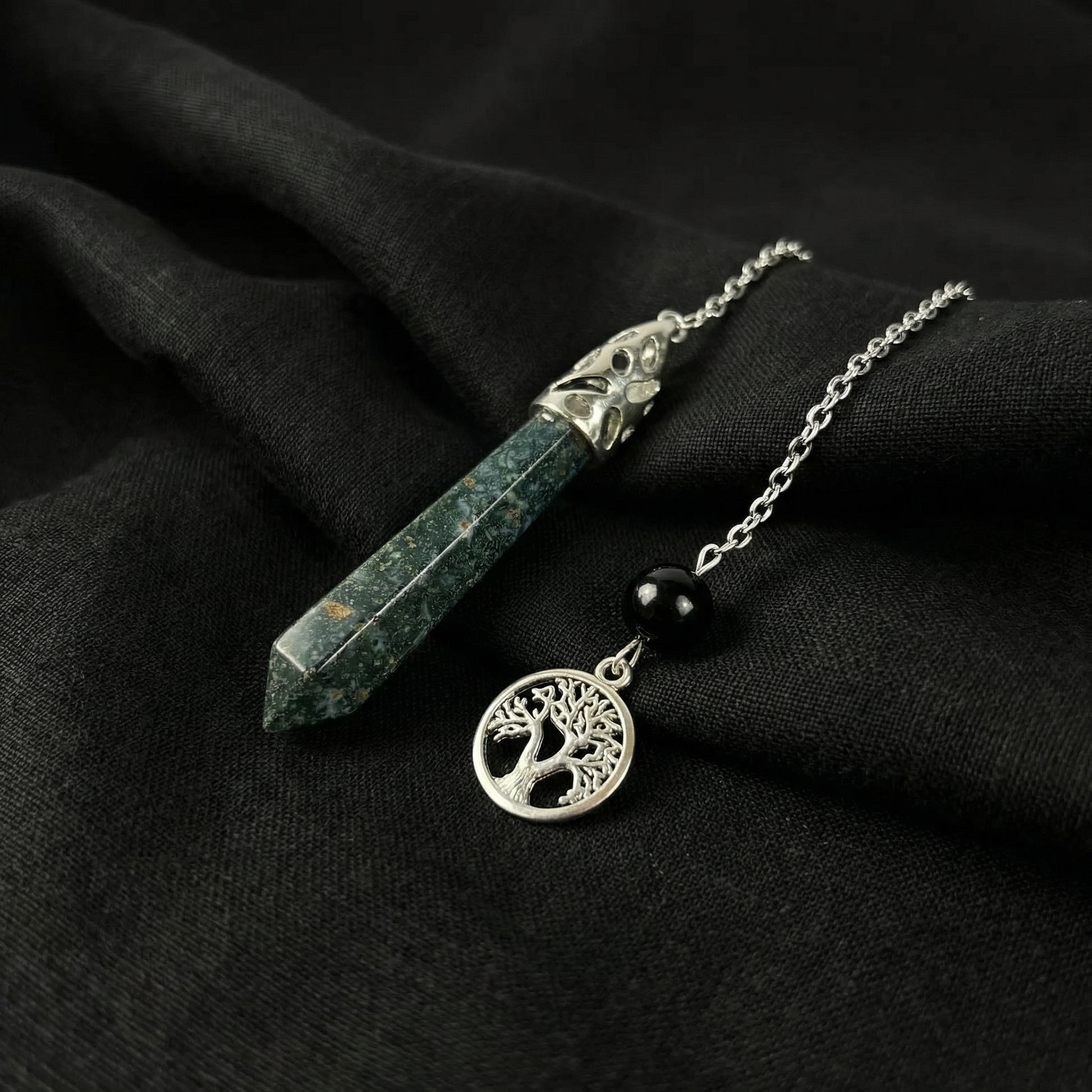 Moss agate, obsidian and tree of life dowsing pendulum Baguette Magick