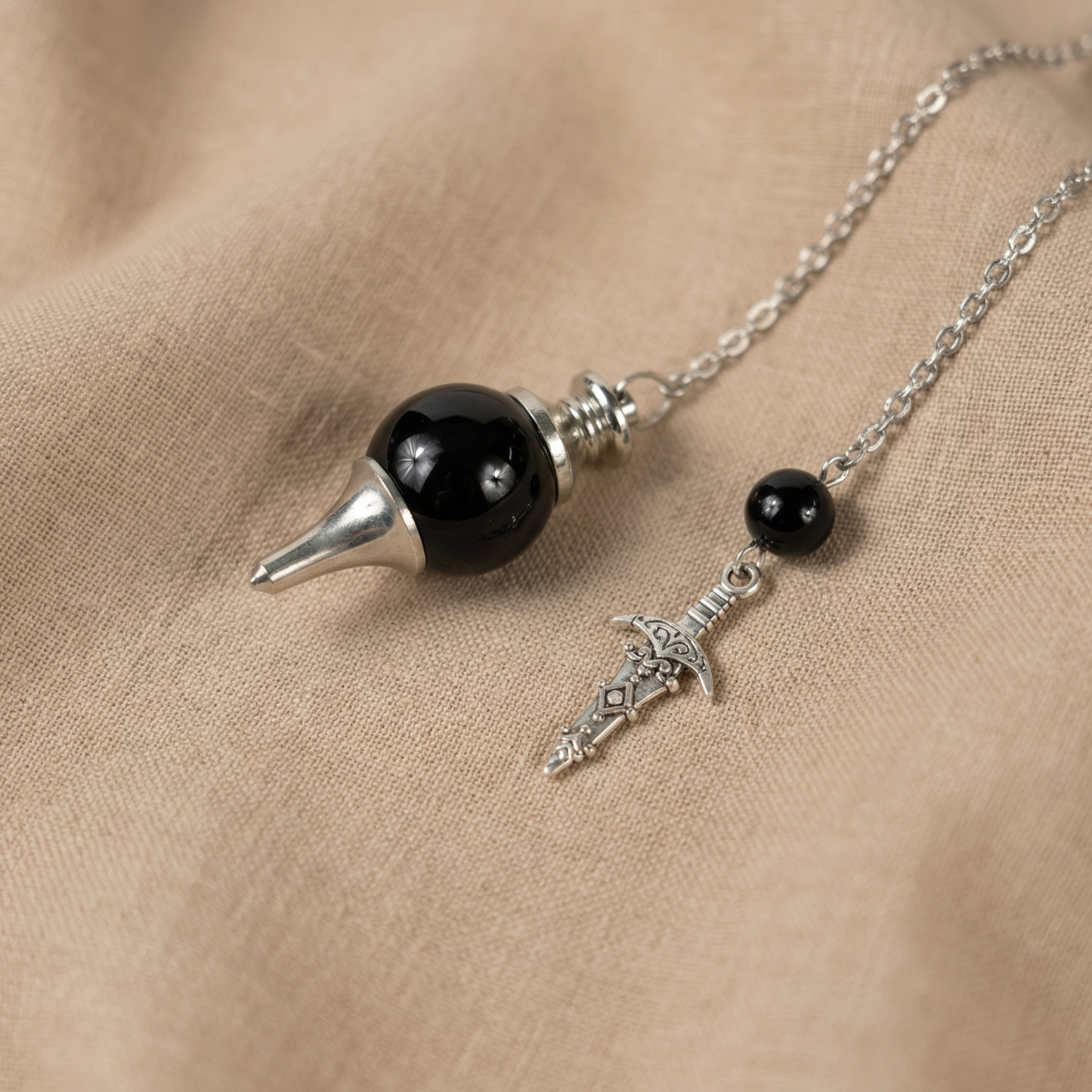 Pendule de radiesthésie Sephoroton agate noire, obsidienne et poignard