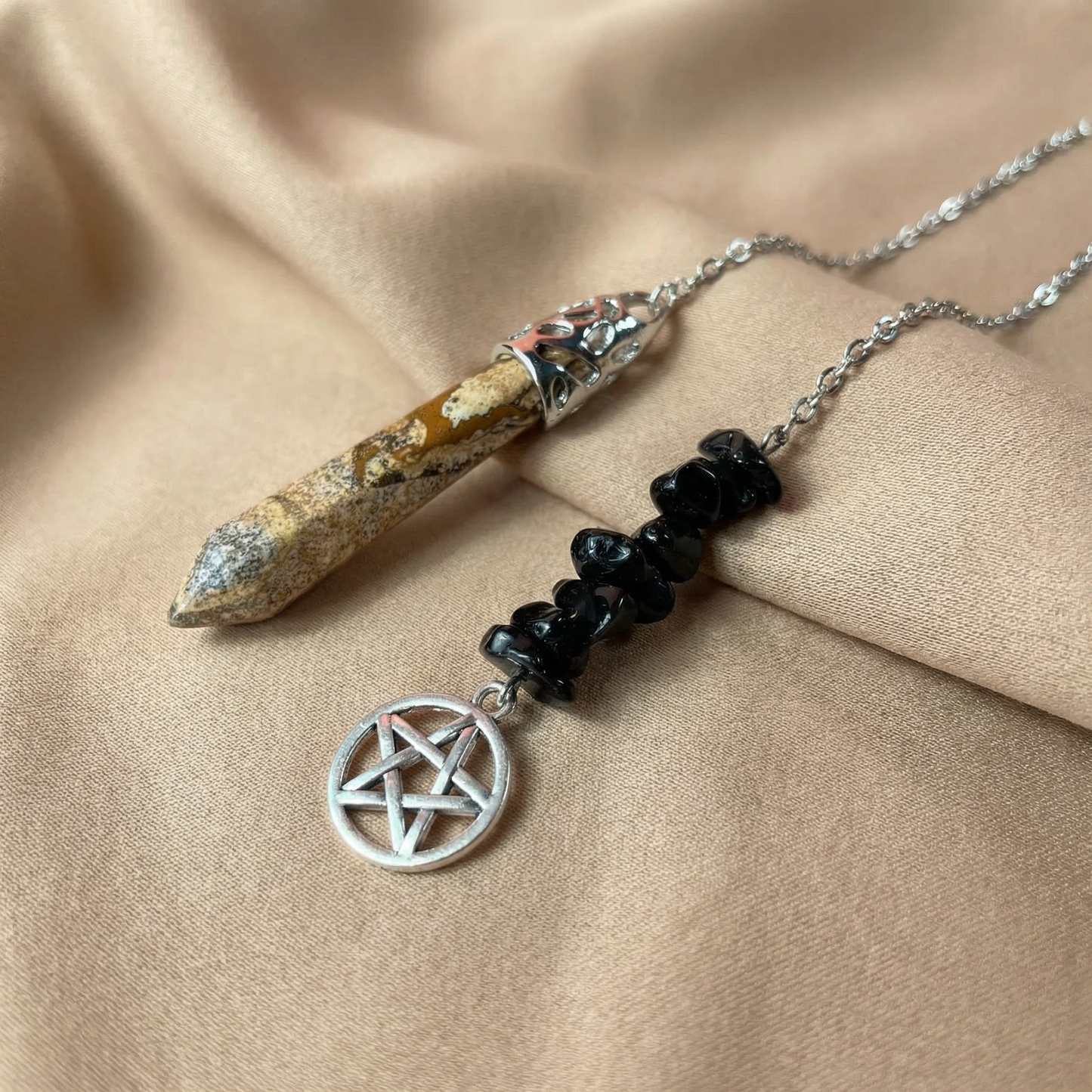 Picture jasper and raw obsidian pentacle pendulum