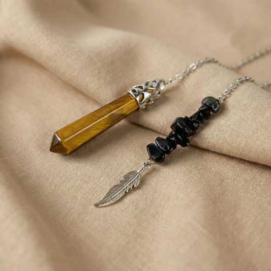 Tiger eye, obsidian and feather pendulum