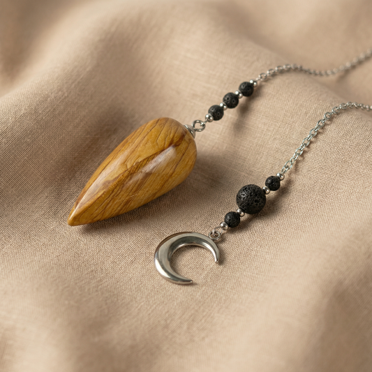 Picture jasper, lava rock and Moon crescent pendulum Baguette Magick