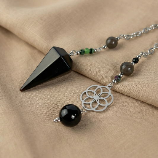 Obsidian, Ruby Zoisite & Onyx Dowsing Pendulum, with flower of life charm