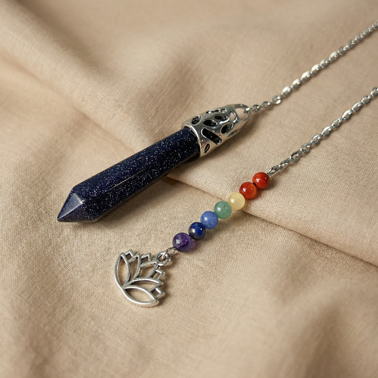 7 chakras blue sandstone pendulum with a lotus charm Baguette Magick