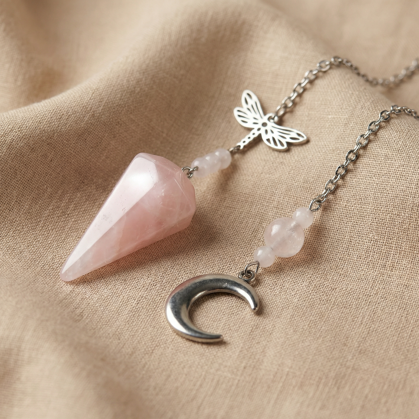 Rose quartz, Dragonfly and Moon crescent pendulum