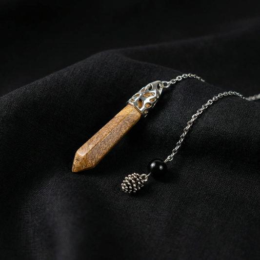 Picture jasper and raw obsidian pinecone pendulum Baguette Magick
