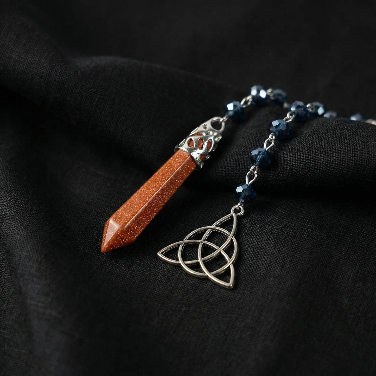 Goldstone pendulum, rosary chain and triquetra charm Baguette Magick