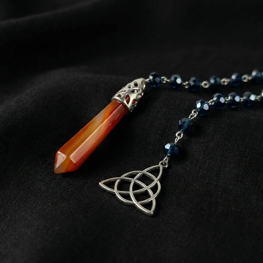 Carnelian gemstone pendulum, rosary chain and triquetra charm Baguette Magick