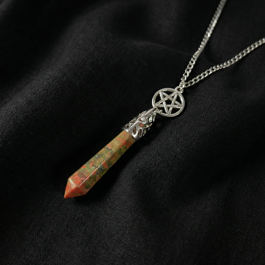 Unakite and pentacle pendulum necklace
