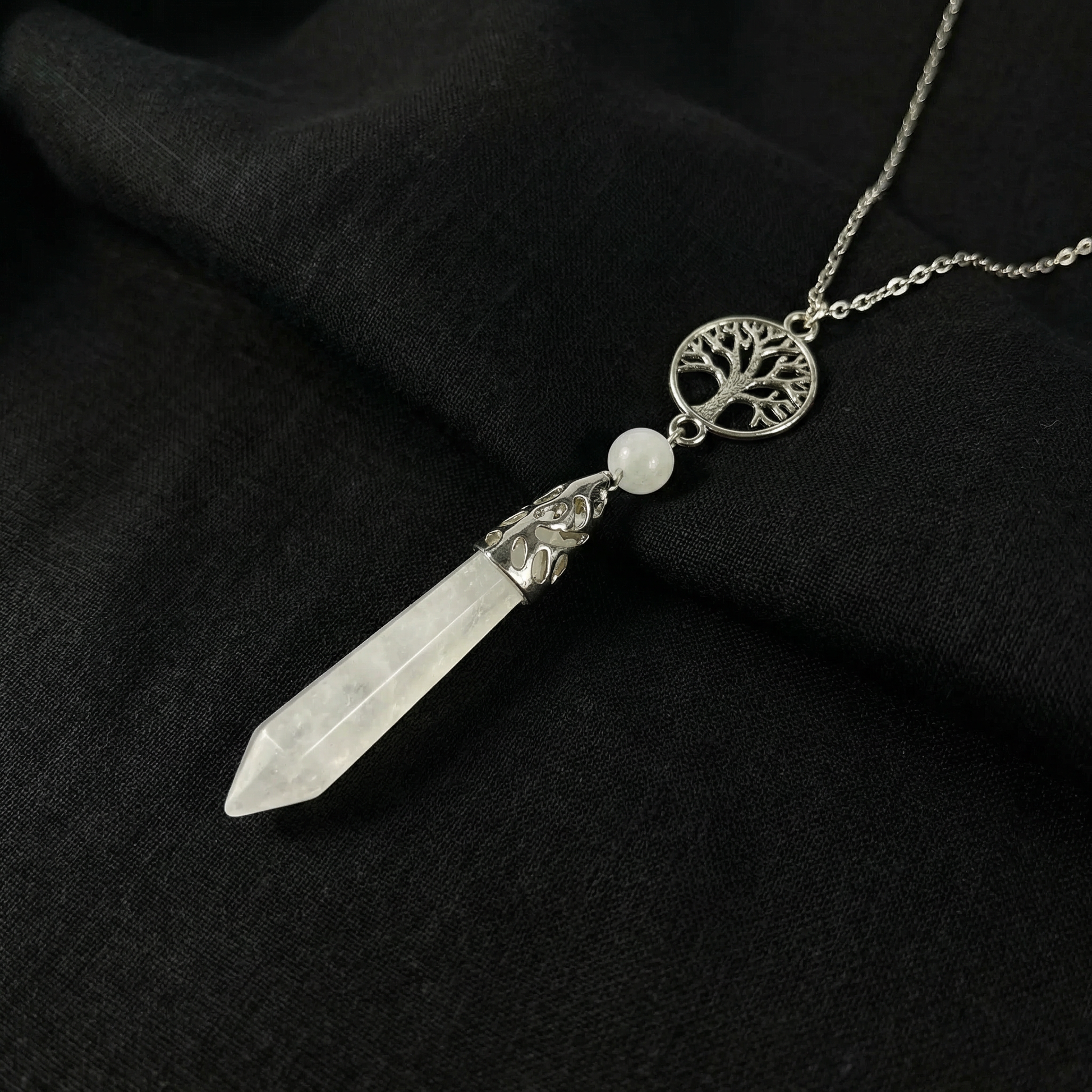 Clear quartz and tree of life pendulum necklace Baguette Magick