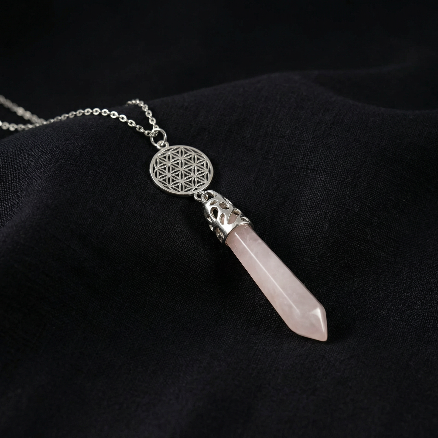 Collier pendule fleur de vie quartz rose