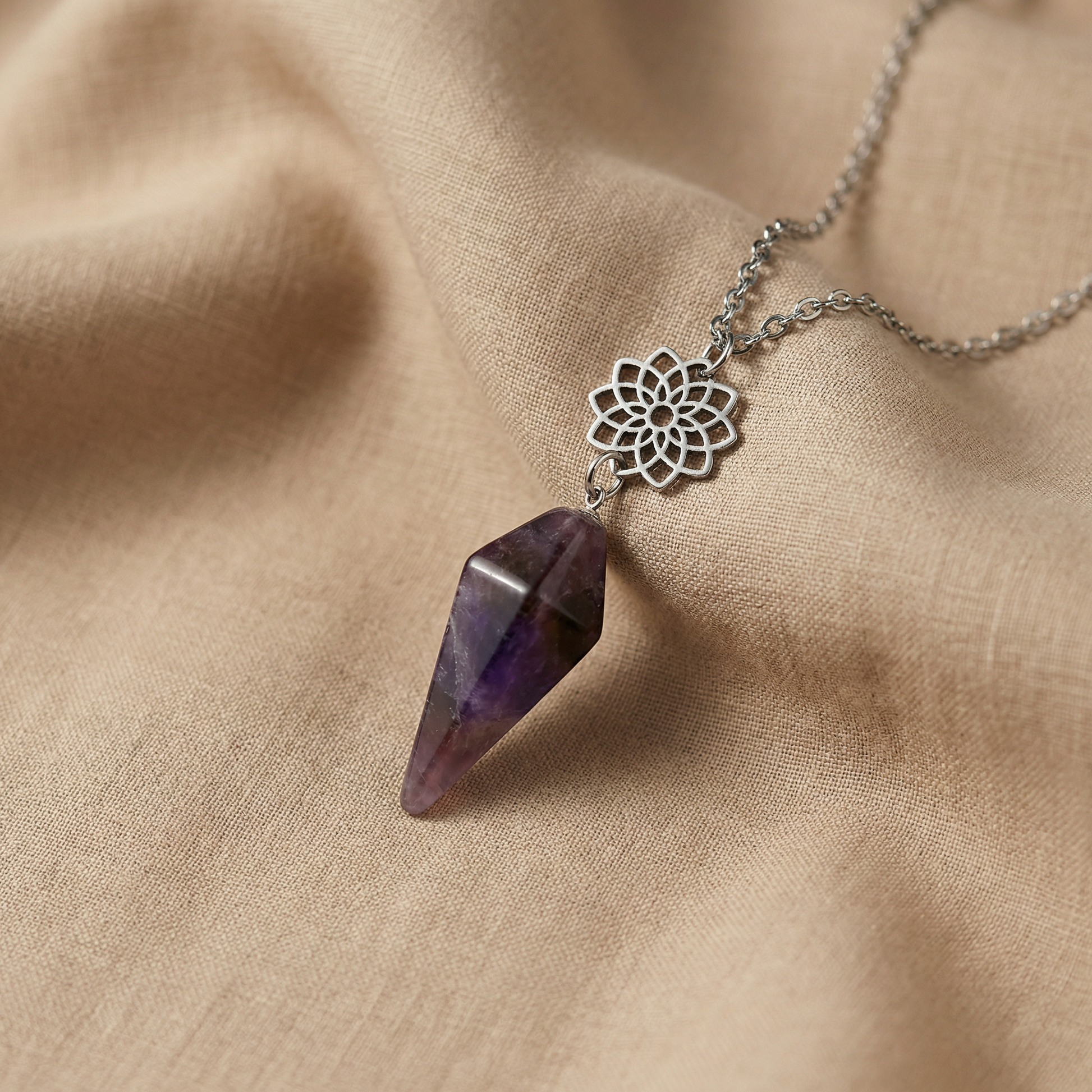 Amethyst and sacred geometry mandala pendulum necklace Baguette Magick