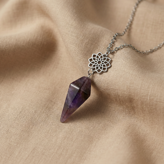 Amethyst and sacred geometry mandala pendulum necklace Baguette Magick