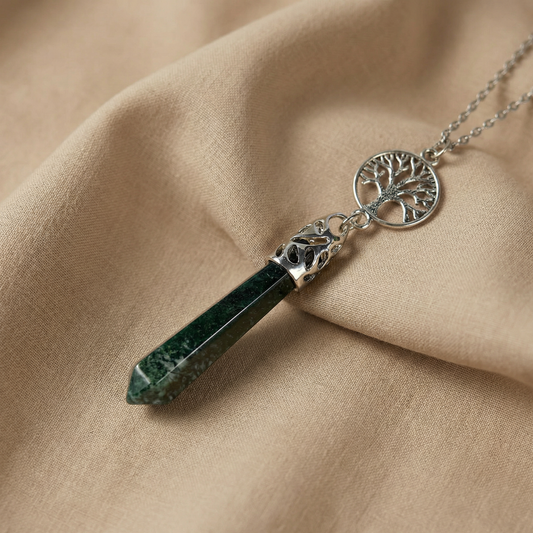 Moss agate and tree of life pendulum necklace