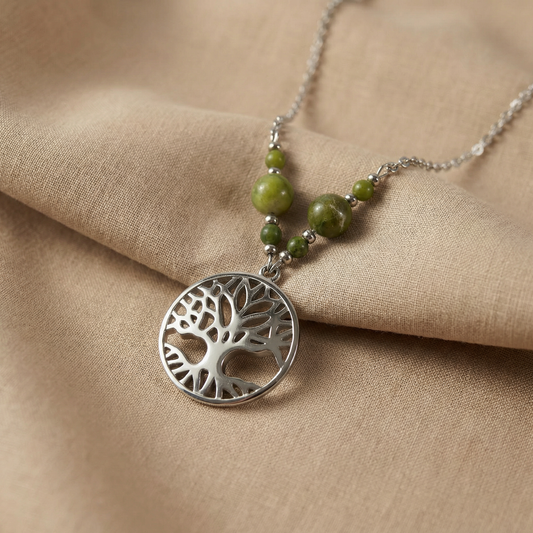 Tree of life pendant necklace, Green Jade beads Baguette Magick