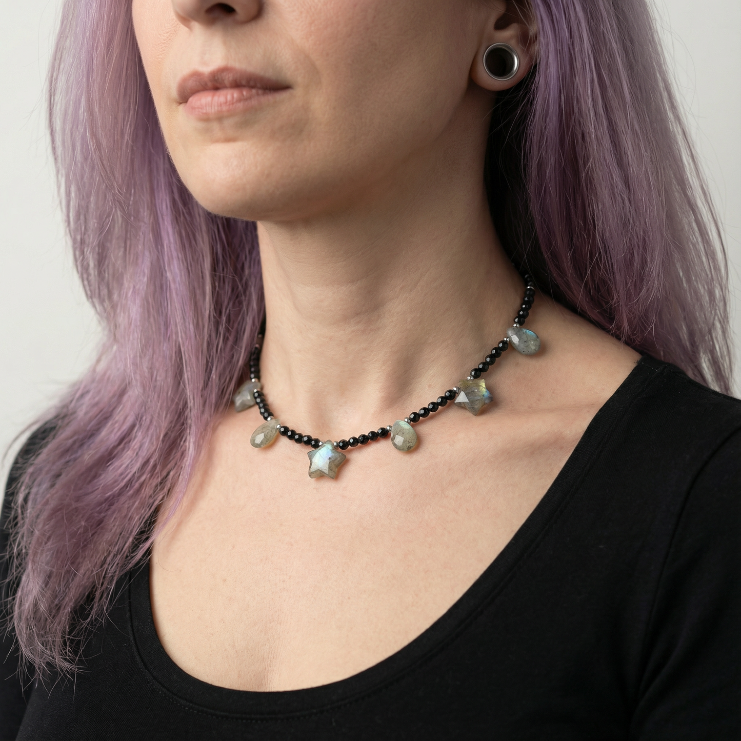 Labradorite stars and drops, onyx cosmic fairy necklace Baguette Magick