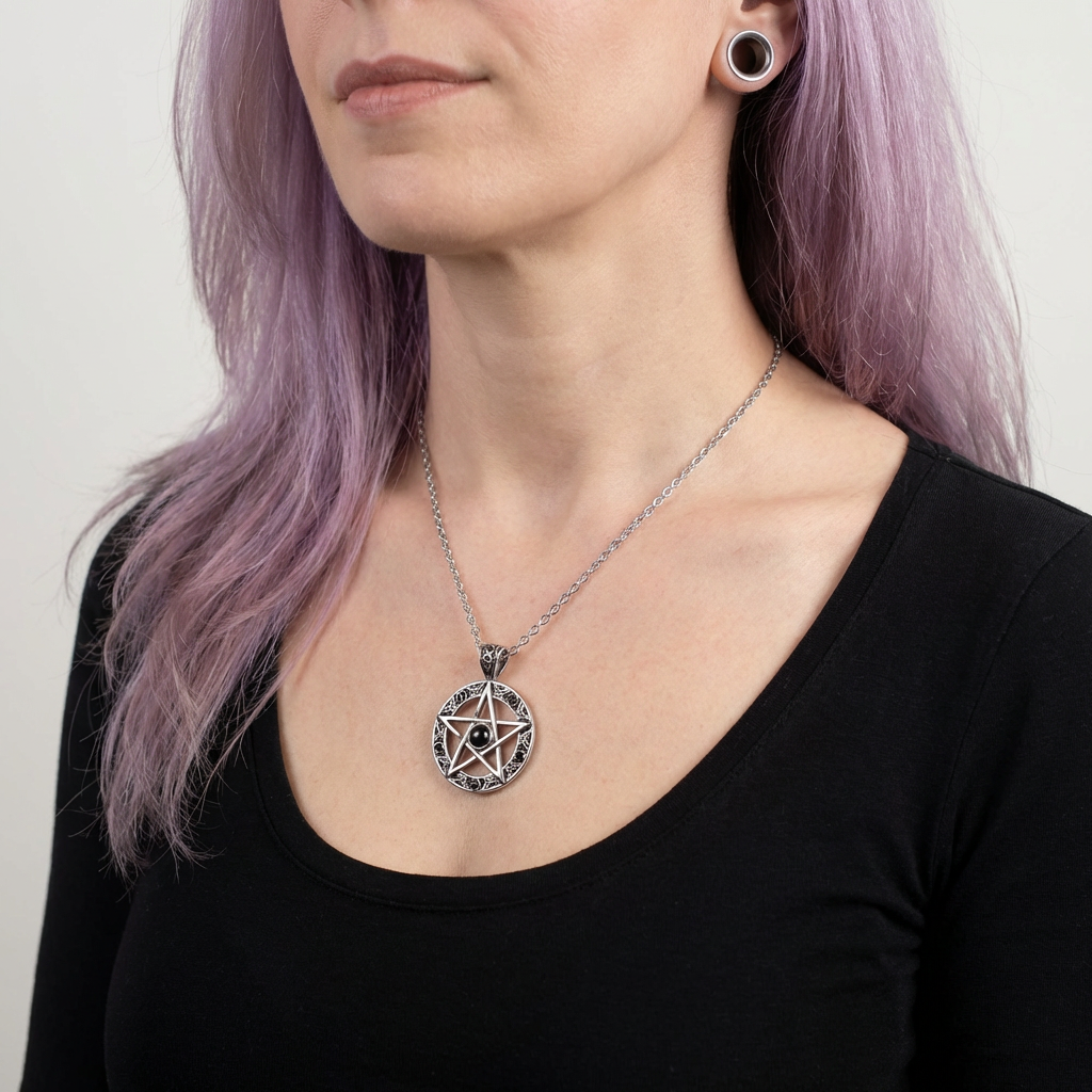 Pentacle with black beads witchcraft necklace