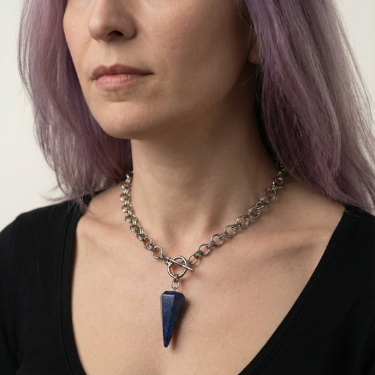 Lapis lazuli divination pendulum necklace, chainmail