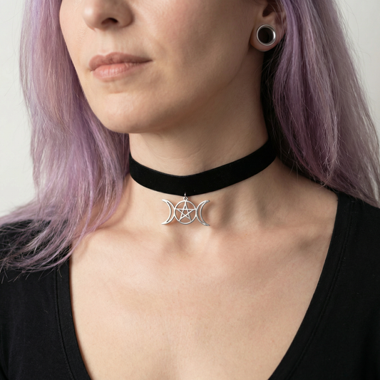 Black velvet Triple Moon Pentacle Wiccan Gothic choker Baguette Magick