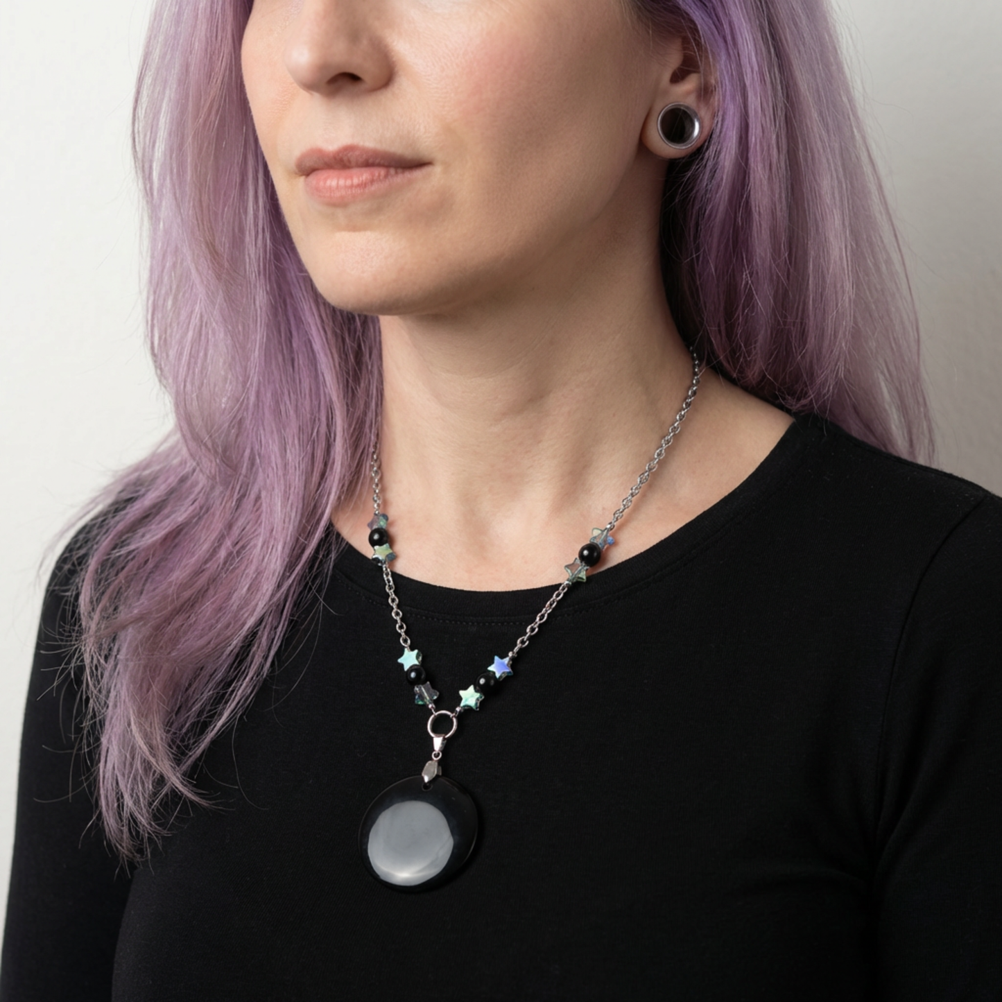 Collier miroir noir en obsidienne, bijoux de divination, obsidienne arc-en-ciel, étoiles