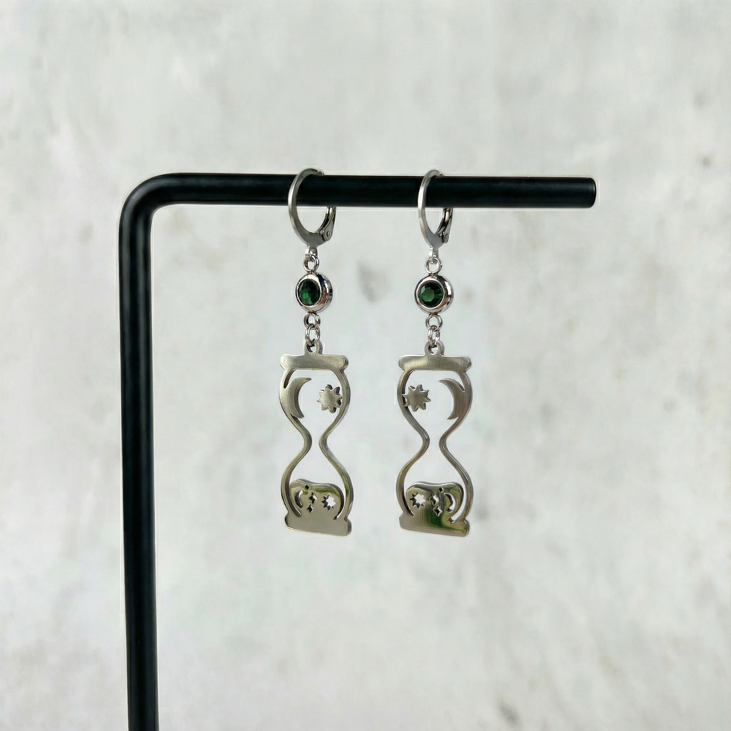 Celestial hourglass earrings with emerald green rhinestones Baguette Magick