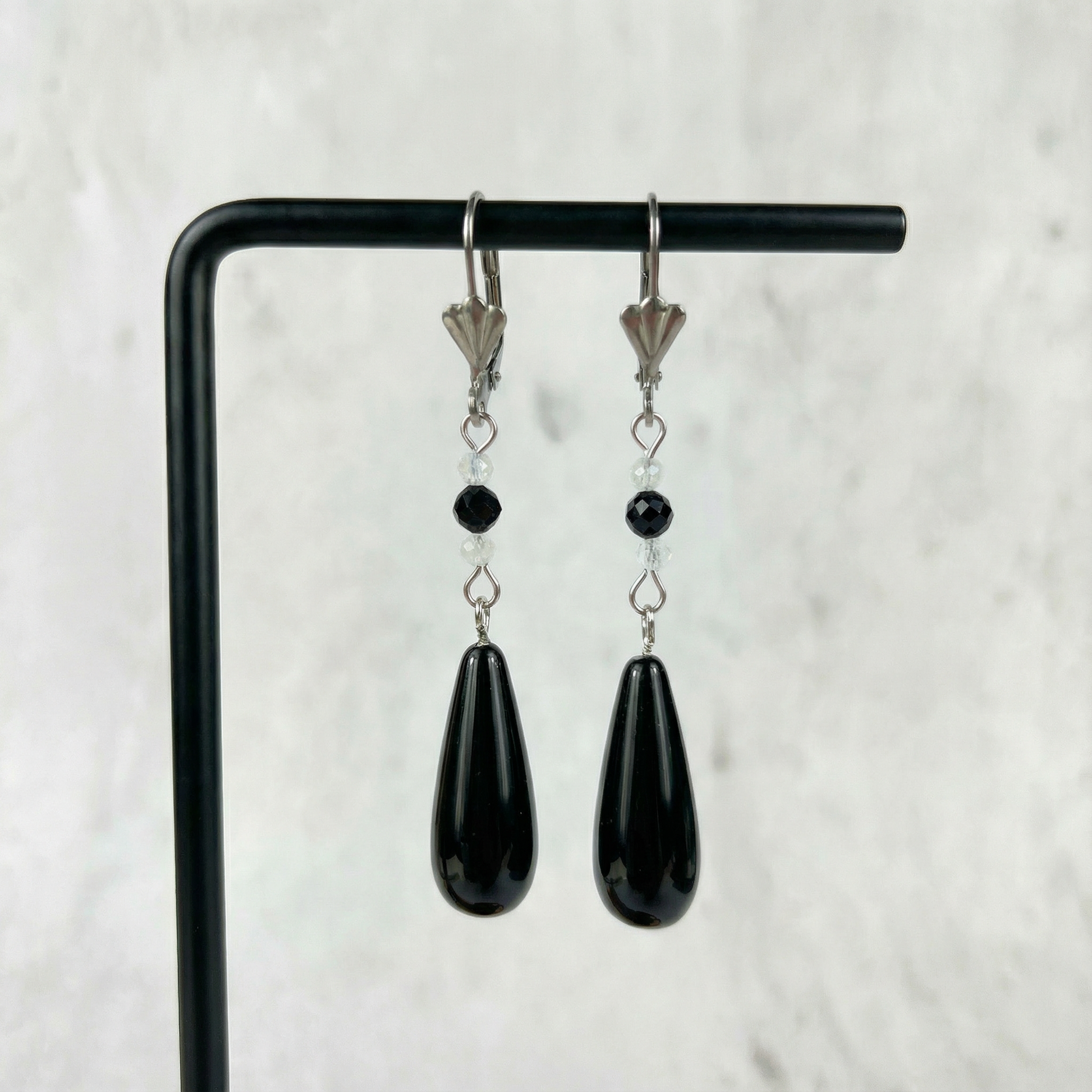 Obsidian, Moonstone and Onyx elegant dainty drop earrings Baguette Magick