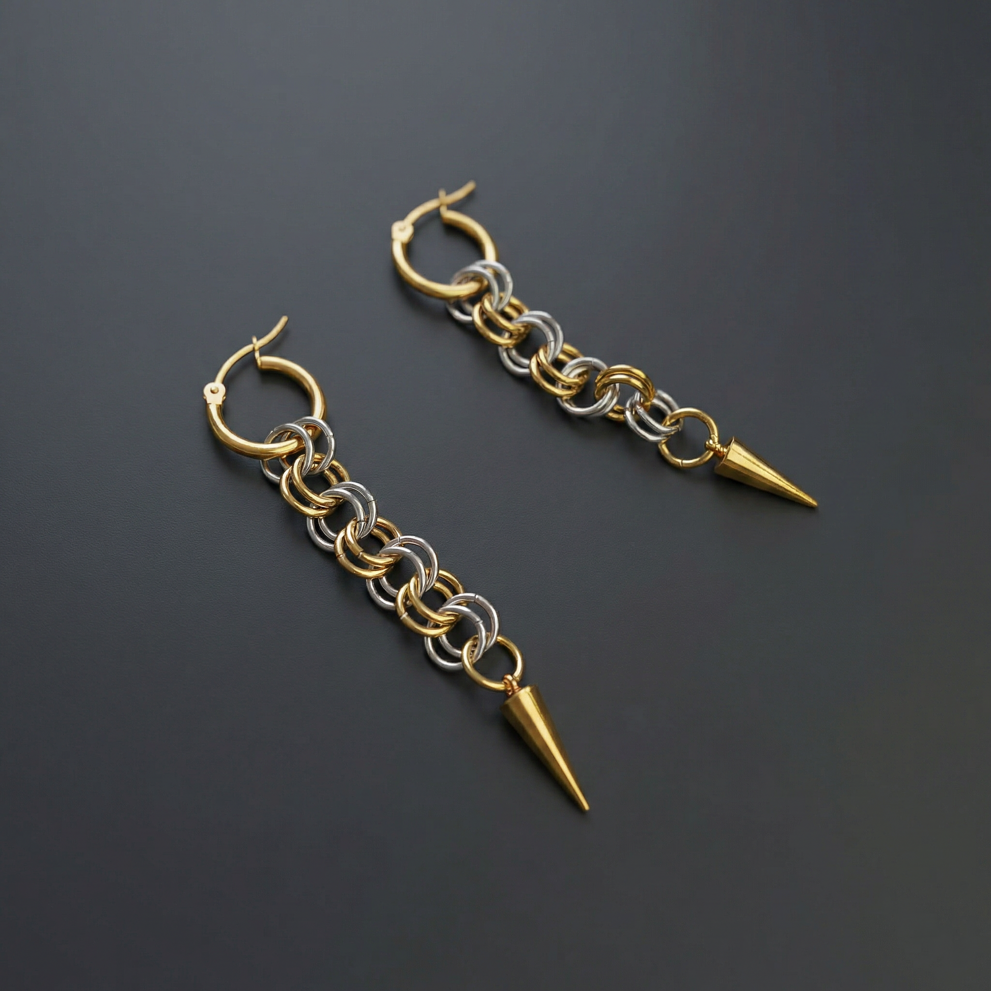 Silver and gold mixed metal chainmail earrings, hoops and spikes Baguette Magick
