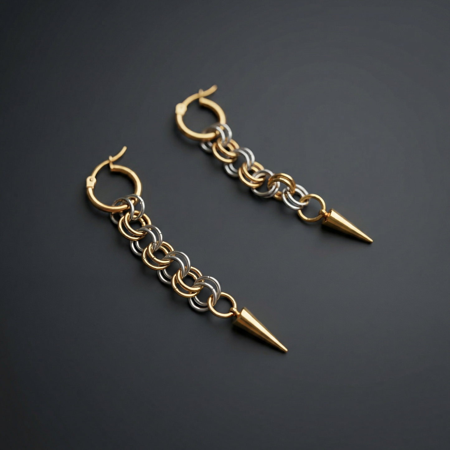 Silver and gold mixed metal chainmail earrings, hoops and spikes Baguette Magick
