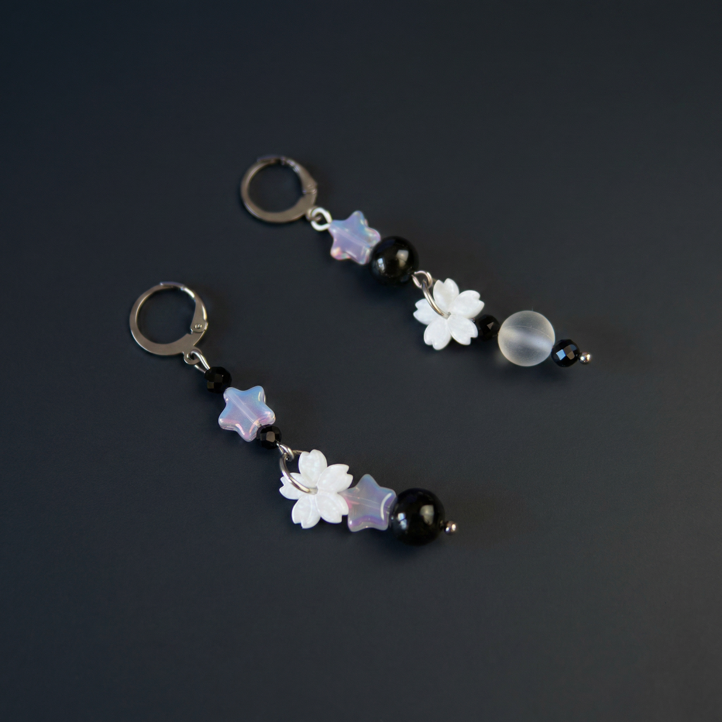 The Celestial Nocture earrings: Rainbow Obsisidan, Onyx, Holo glass, stars and Sakura flowers