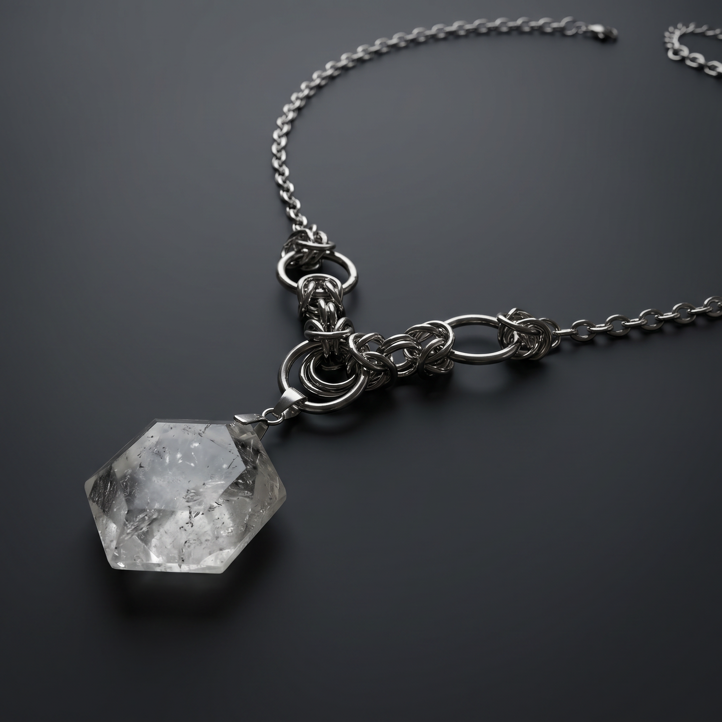 Quartz hexagram necklace with chainmail accents Baguette Magick