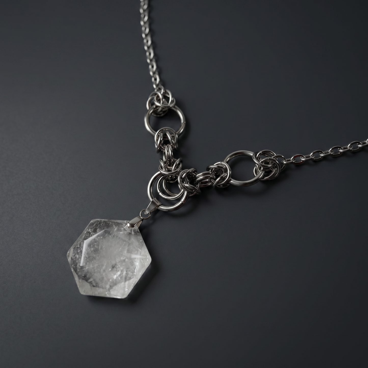 Quartz hexagram necklace with chainmail accents Baguette Magick