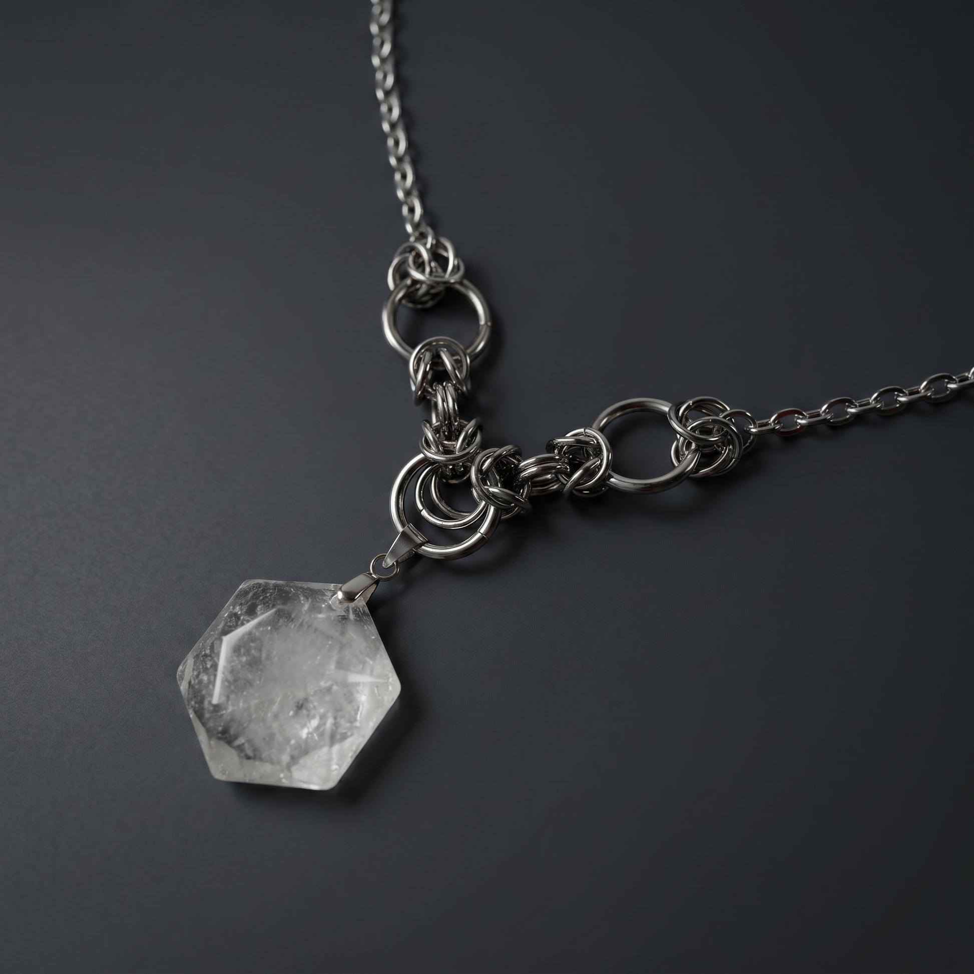 Quartz hexagram necklace with chainmail accents Baguette Magick