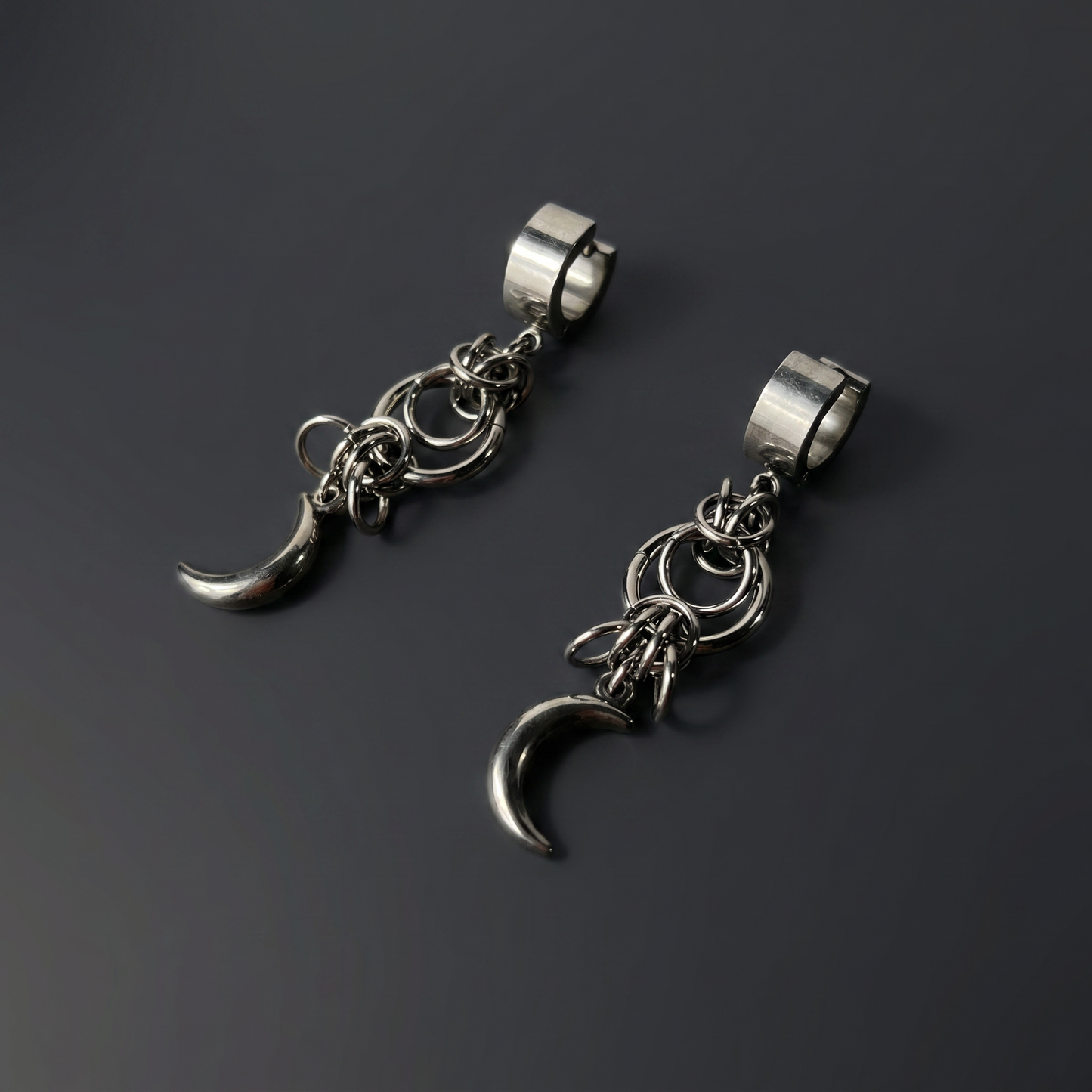 Celestial chainmail earrings, Byzantine weave and Moon crescent, stainless steel