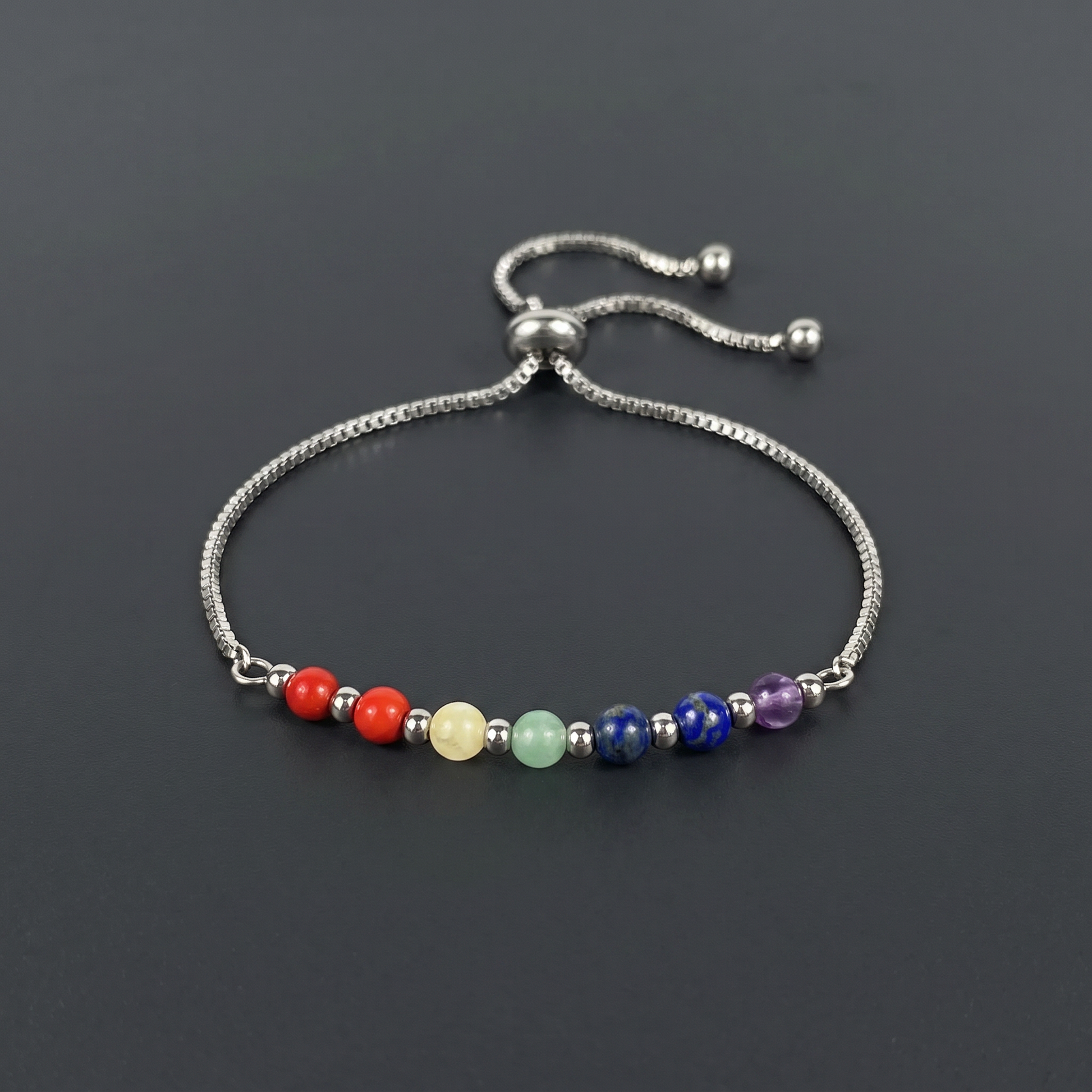 Seven chakra slider bracelet, natural gemstones, stainless steel Baguette Magick