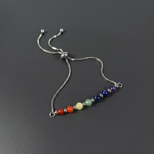 Seven chakra slider bracelet, natural gemstones, stainless steel Baguette Magick