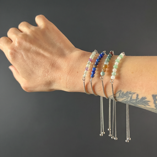Slider bracelet, fluorite, lapis lazuli, indian agate, or aventurine and rose quartz Baguette Magick