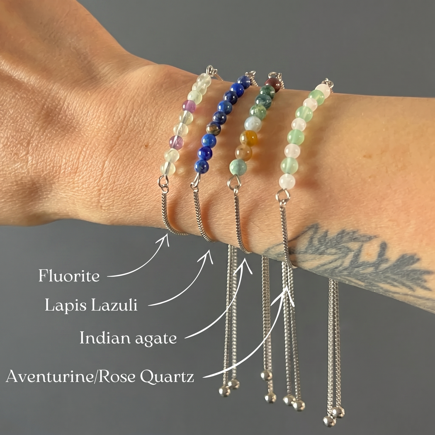 Slider bracelet, fluorite, lapis lazuli, indian agate, or aventurine and rose quartz Baguette Magick