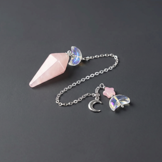 Pendule de radiesthésie en quartz rose céleste, avec breloques lune et étoile