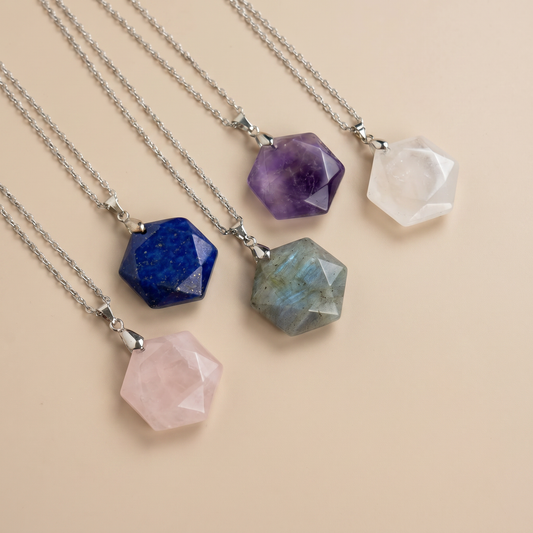 Gemstone hexagram necklace in Lapis Lazuli, Rose Quartz, Quartz, Amethyst or Labradorite