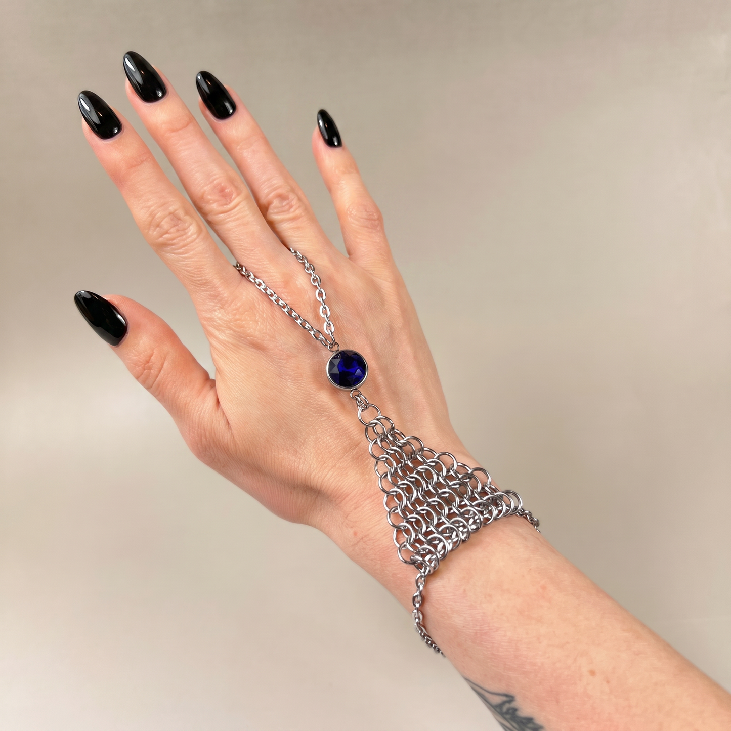Chainmail and rhinestone ring bracelet hand chain, red, blue or purple Baguette Magick